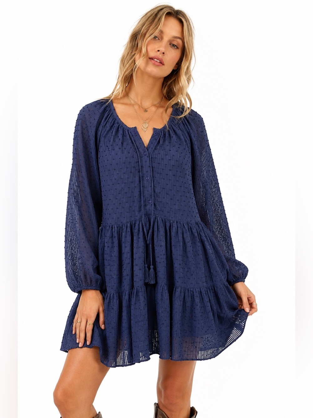 India Collection Emerson Fry Navy Swiss Dot Tiered Boho Dress Small